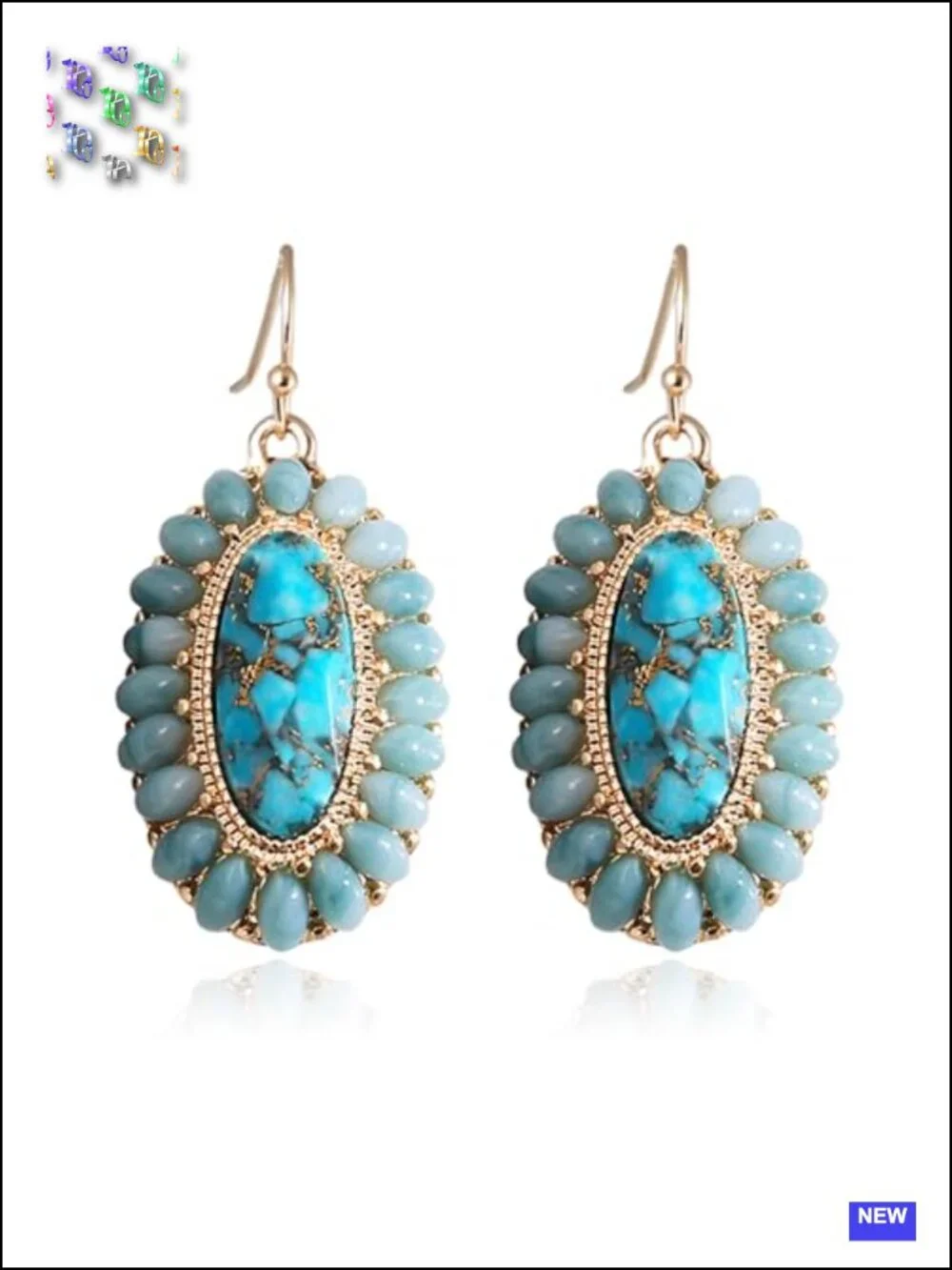 Handmade Turquoise and Abalone Shell Drop Dangle Earrings Gold Geometric Boho